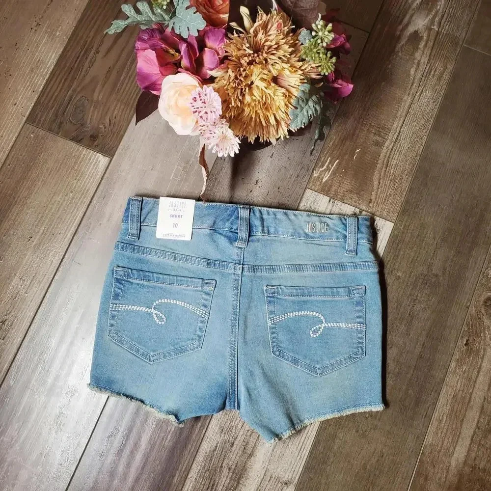 NWT Justice Girls Raw Hem Distressed Denim Shorts Size 10 Light Wash